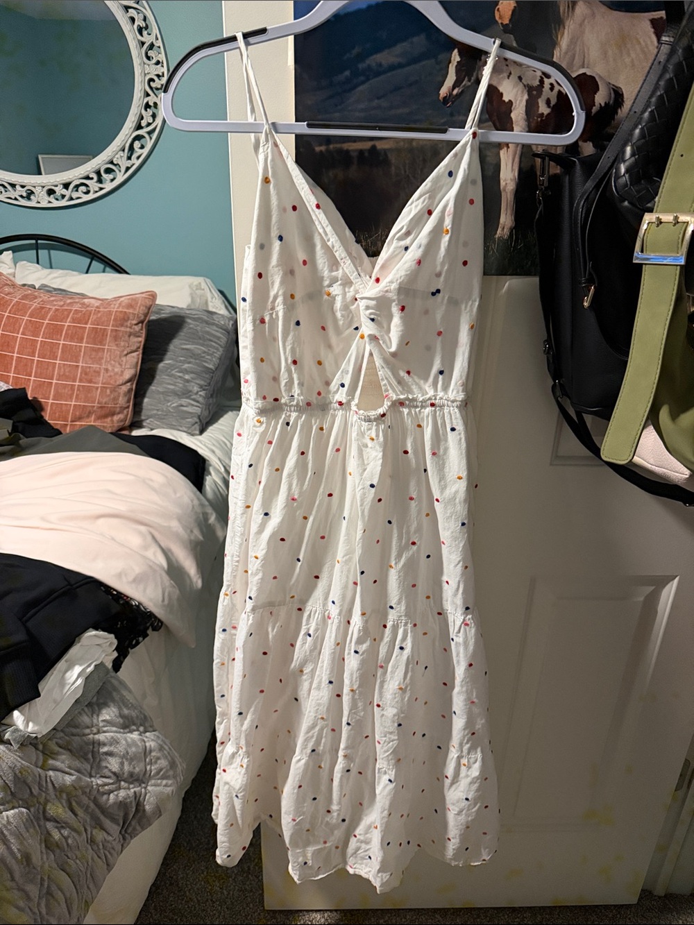 LOFT White Midi Dress with Multicolor Polka Dots